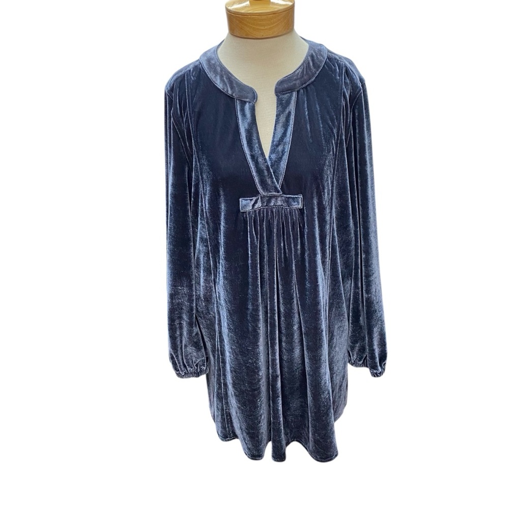 Indigo Soul Soft Velvet Tunic Dress Size L Blue Pockets Long Sleeve Festive Fun